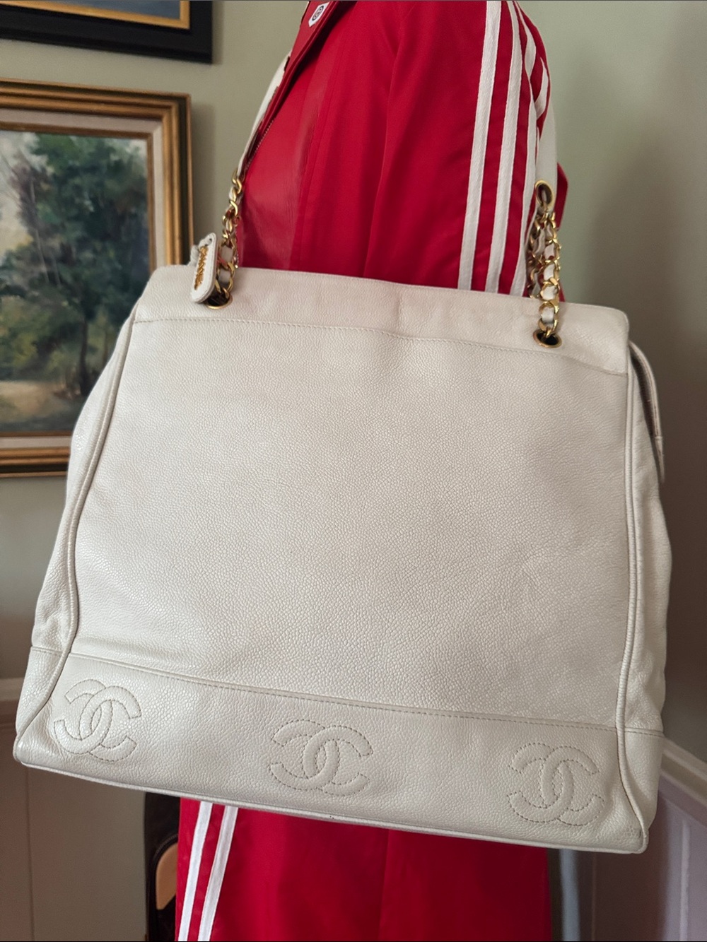 CHANEL XL Vintage Triple CC White Leather Shoulder Tote Bag Purse Gold Chain